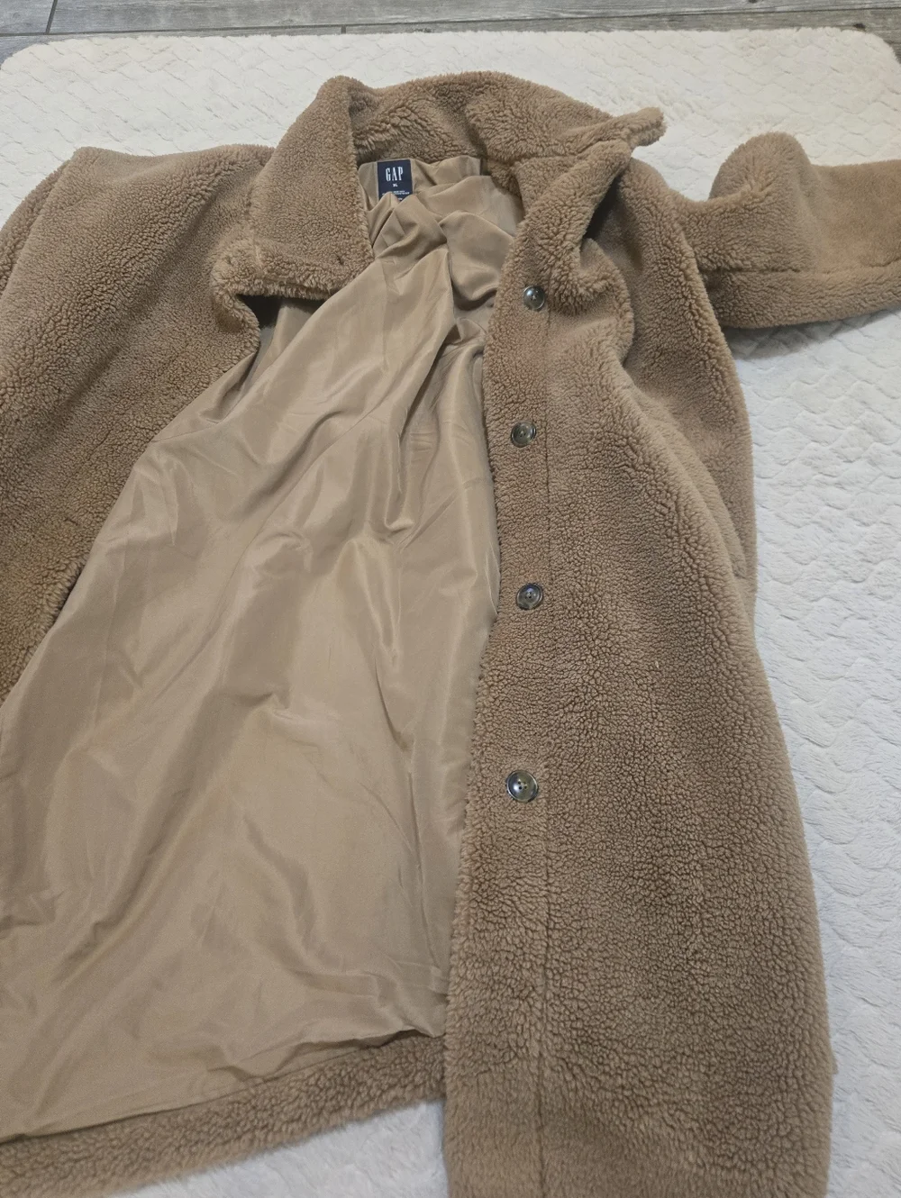 GAP Tan Long Sherpa Button-Front Cozy Preppy Coat, Size X-Large - Picture 4 of 7